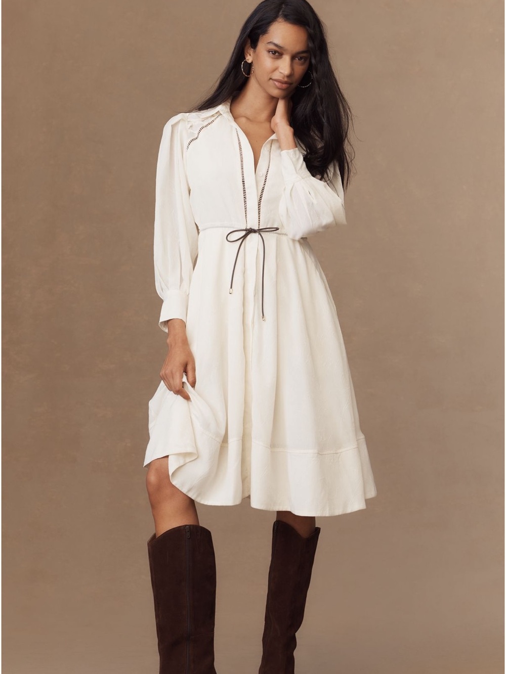 Anthropologie Cream Midi Dress with Tie Waist and Bishop Sleeves